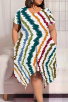 Stripe Casual Street The stars Tie Dye Stripe Newspaper printing Pocket Contrast O Neck Printed Plus Size Dresses