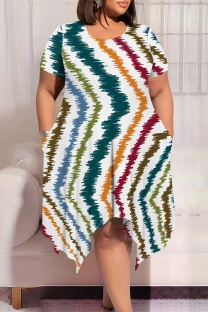 Stripe Casual Street The stars Tie Dye Stripe Newspaper printing Pocket Contrast O Neck Printed Plus Size Dresses