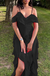 Black Sexy Solid Color Patchwork Backless Ruffled Trim Spaghetti Strap Sling Dresses