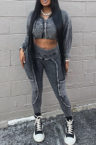Black Casual Solid Color Patchwork Zipper Zipper Collar Long Sleeve Two Pieces