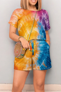 Orange Blue Casual Tie Dye Draw String Pocket Patchwork O Neck Loose Rompers