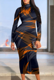 Multicolor Casual Street Geometric Print Gradient Contrast Half A Turtleneck Printed Dresses