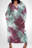 Black And White Casual Tie Dye Pocket Patchwork V Neck Straight Plus Size Dresses