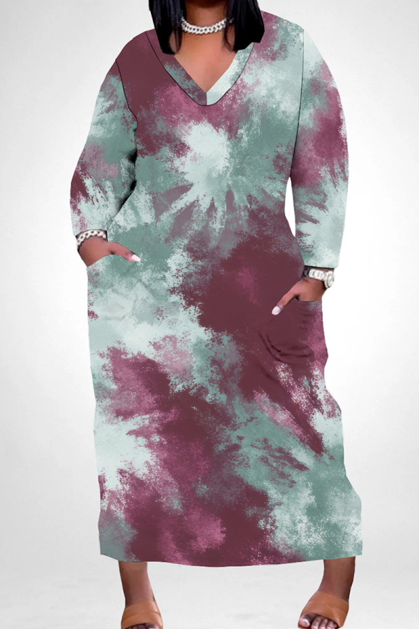 Green Casual Tie Dye Pocket Patchwork V Neck Straight Plus Size Dresses