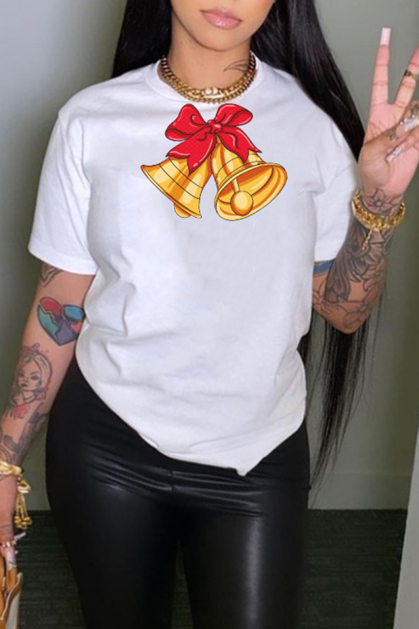 White Casual Street Bow printing O Neck T-Shirts