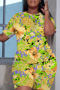 Purple Yellow Casual Print Basic O Neck Short Sleeve Two Pieces