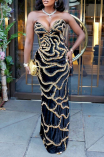 Black Sexy Sequins Patchwork Backless Zipper Strapless Long Dresses