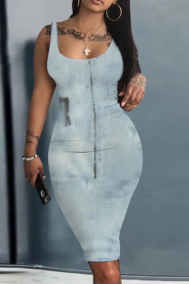 Light Gray Casual Faux Denim Print Basic U Neck Vest Dresses