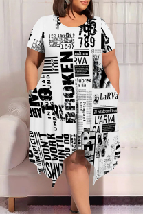 Black And White Casual Street The stars Tie Dye Stripe Newspaper printing Pocket Contrast O Neck Printed Plus Size Dresses