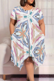 Stripe Casual Street The stars Tie Dye Stripe Newspaper printing Pocket Contrast O Neck Printed Plus Size Dresses