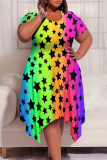 Stripe Casual Street The stars Tie Dye Stripe Newspaper printing Pocket Contrast O Neck Printed Plus Size Dresses