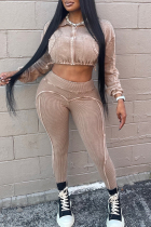 Khaki Casual Solid Color Patchwork Zipper Zipper Collar Long Sleeve Two Pieces