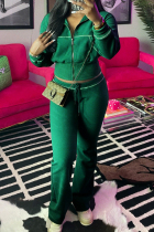 Dark Green Casual Solid Color Draw String Patchwork Zipper Zipper Collar Long Sleeve Two Pieces