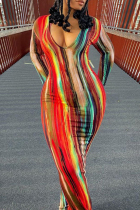 Red Casual Print Patchwork Deep V Neck Long Dresses