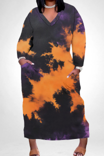 Purple Orange Casual Tie Dye Pocket Patchwork V Neck Straight Plus Size Dresses
