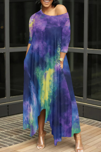 Dark Purple Casual Tie Dye Pocket Patchwork Oblique Collar Irregular Dresses