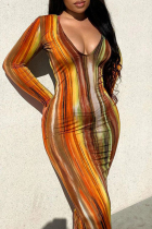 Tangerine Red Casual Print Patchwork Deep V Neck Long Dresses