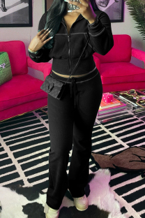 Black Casual Solid Color Draw String Patchwork Zipper Zipper Collar Long Sleeve Two Pieces