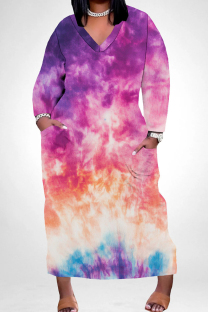 Purple Casual Tie Dye Pocket Patchwork V Neck Straight Plus Size Dresses