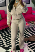 Khaki Casual Solid Color Draw String Patchwork Zipper Zipper Collar Long Sleeve Two Pieces