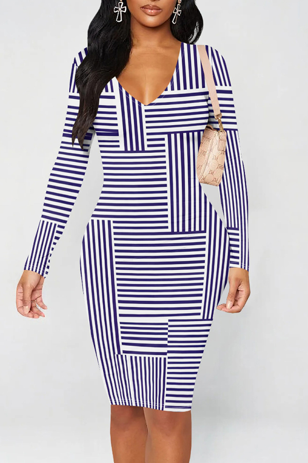 White Purple Casual Print Patchwork V Neck Wrapped Skirt Dresses