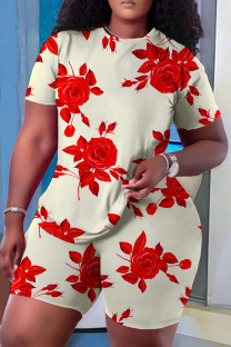Apricot Casual Print Basic O Neck Short Sleeve Two Pieces