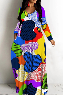 Multicolor Casual Print Basic V Neck Long Dresses