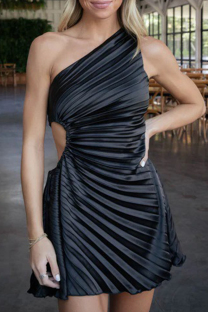 Black Sexy Solid Color Hollow Out Patchwork Oblique Collar Sleeveless Dresses