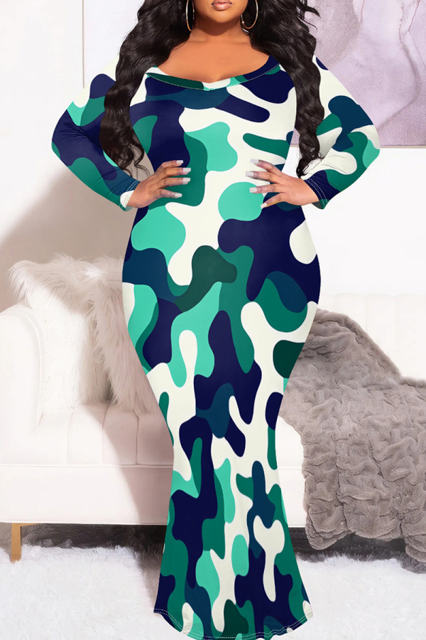 Turquoise Casual Camouflage Print Patchwork O Neck Long Plus Size Dresses