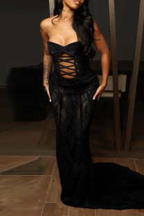 Black Sexy Solid Color Patchwork Backless Cross Straps Strapless Long Dresses