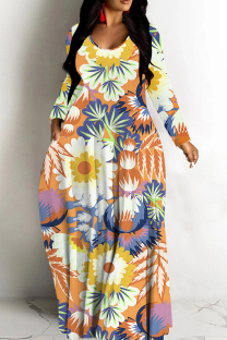 Orange Yellow Casual Print Basic V Neck Long Dresses
