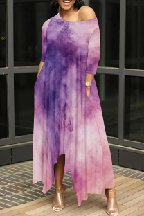 Light Purple Casual Tie Dye Pocket Patchwork Oblique Collar Irregular Dresses