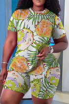 Cream White Casual Print Basic O Neck Short Sleeve Two Pieces