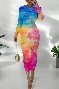 Blue Yellow Casual Print Patchwork O Neck Wrapped Skirt Dresses