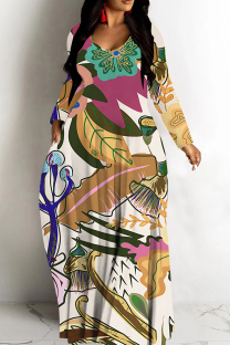Light Yellow Casual Print Basic V Neck Long Dresses