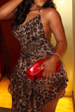 Leopard Print Sexy Leopard Print Patchwork Backless Halter Irregular Dresses