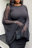 Black Casual Solid Color Patchwork Backless Zipper O Neck Wrapped Skirt Dresses