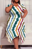 Stripe Casual Street The stars Tie Dye Stripe Newspaper printing Pocket Contrast O Neck Printed Plus Size Dresses