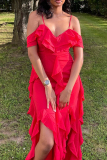Red Sexy Solid Color Patchwork Backless Ruffled Trim Spaghetti Strap Sling Dresses