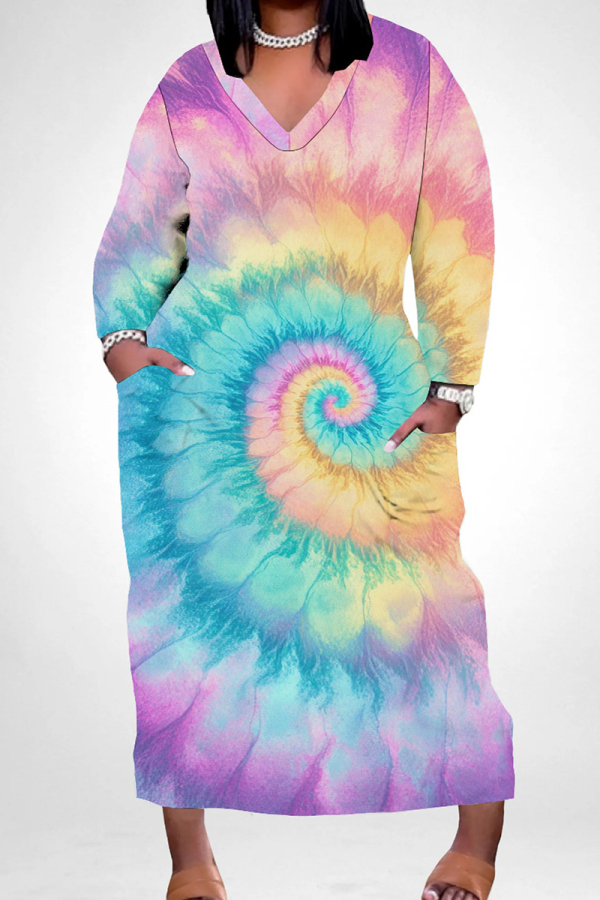 Yellow And Blue Casual Tie Dye Pocket Patchwork V Neck Straight Plus Size Dresses