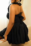 Black Elegant Solid Color Patchwork Backless Asymmetrical Collar A Line Dresses