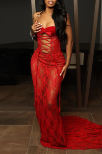 Red Sexy Solid Color Patchwork Backless Cross Straps Strapless Long Dresses