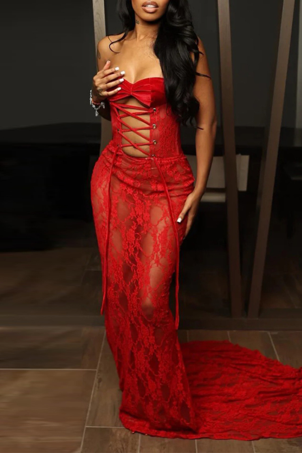Red Sexy Solid Color Patchwork Backless Cross Straps Strapless Long Dresses