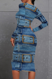 Blue Brown Casual Print Patchwork O Neck Wrapped Skirt Dresses