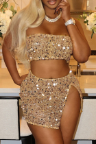 Champagne Sexy Solid Color Sequins Patchwork Slit Zipper Strapless Sleeveless Two Pieces