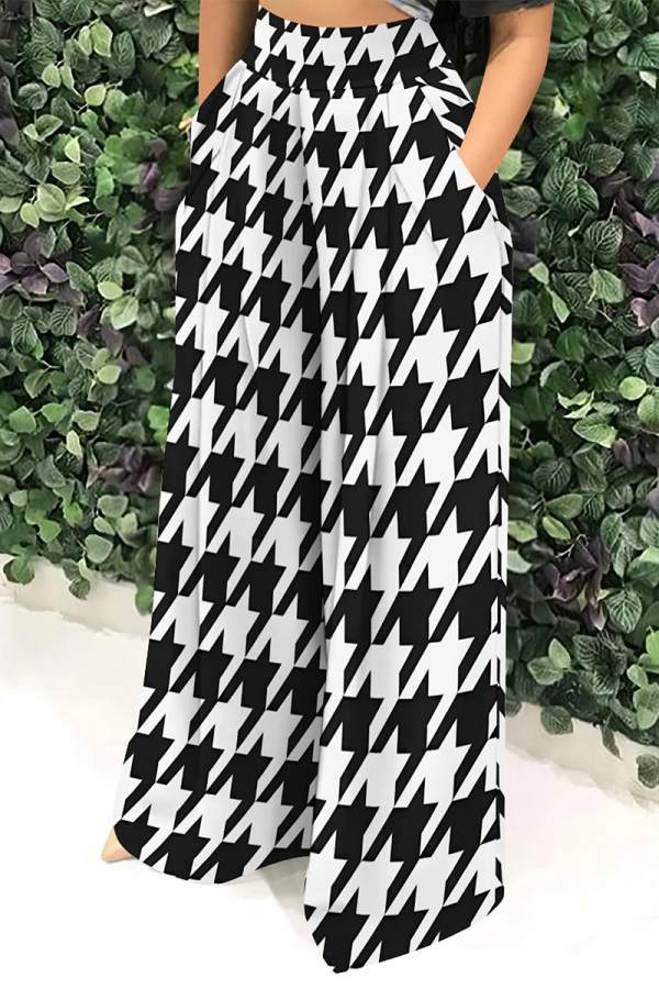 Black And White Casual Street Leopard Print Flowers Stripe Pocket Contrast Loose High Waist Wide Leg Full Print Bottoms