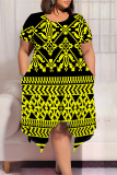 Black Red Casual Street National Totem Geometric Print Pocket Irregular Contrast O Neck Printed Plus Size Dresses