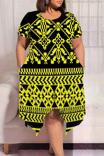 Black Yellow Casual Street National Totem Geometric Print Pocket Irregular Contrast O Neck Printed Plus Size Dresses