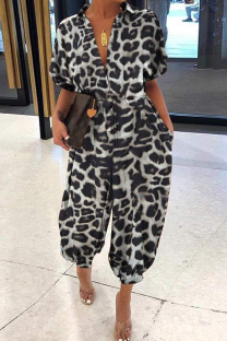Leopard Print Casual Leopard Print Pocket Buckle Patchwork Turndown Collar Loose Jumpsuits