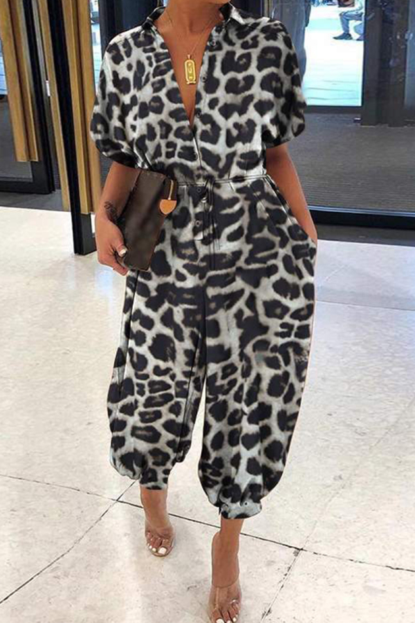 Leopard Print Casual Leopard Print Pocket Buckle Patchwork Turndown Collar Loose Jumpsuits
